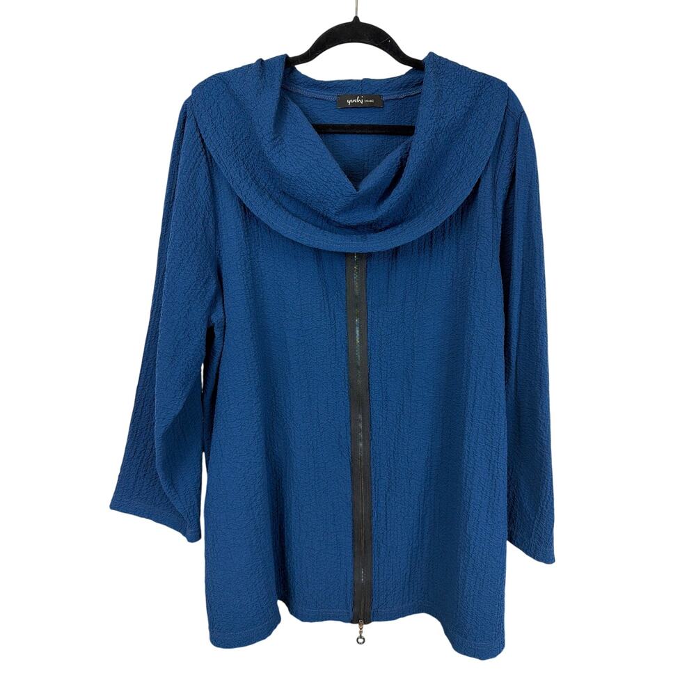 Yushi Blue Cowl Neck Long Sleeve Black Trim Zip Up Tunic Top LG XL